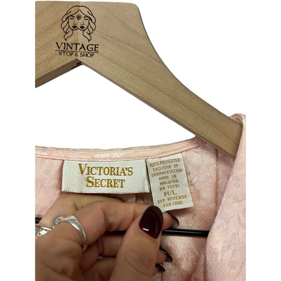 VICTORIA'S SECRET Vintage 90s Gold Label Long Satin Robe Belted Peach Lace M/L - Picture 10 of 14